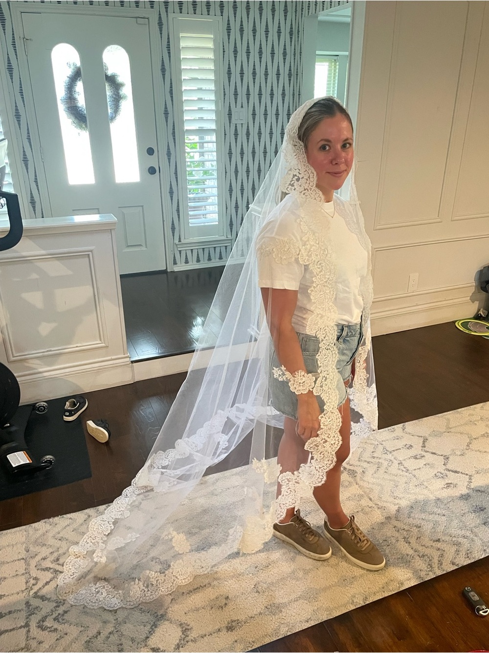 Vintage White Lace Cathedral Veil with Scalloped Floral Edge